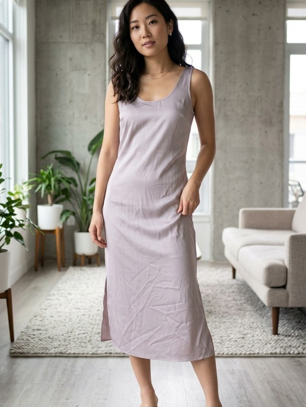 NWT Danskin Starry Lavender Minimalist Sleeveless Satin Smooth Slip Dress L